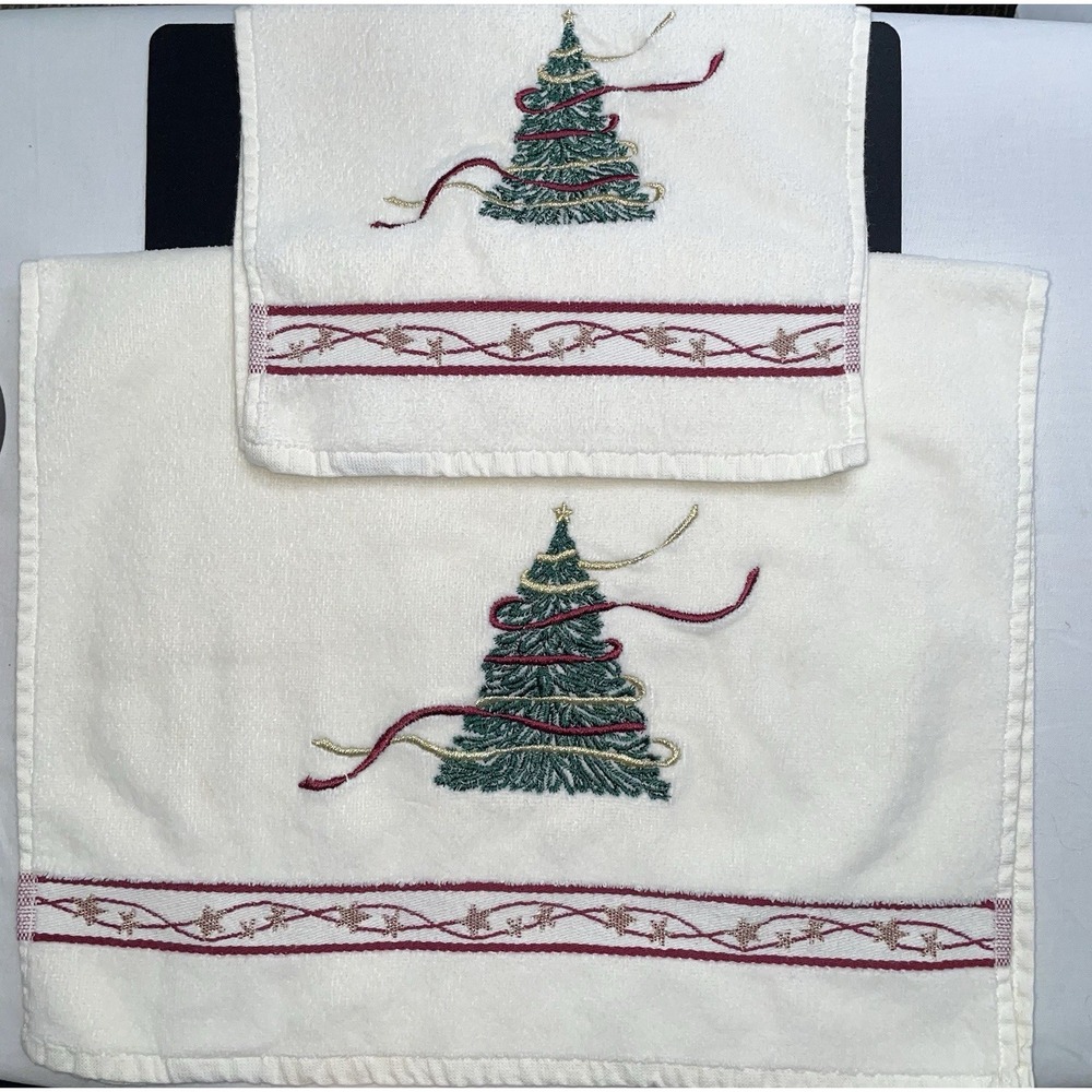 Ritz 100% Cotton Made Turkey Christmas Tree Ivory Hand Towel Set RN #15004 NWOT